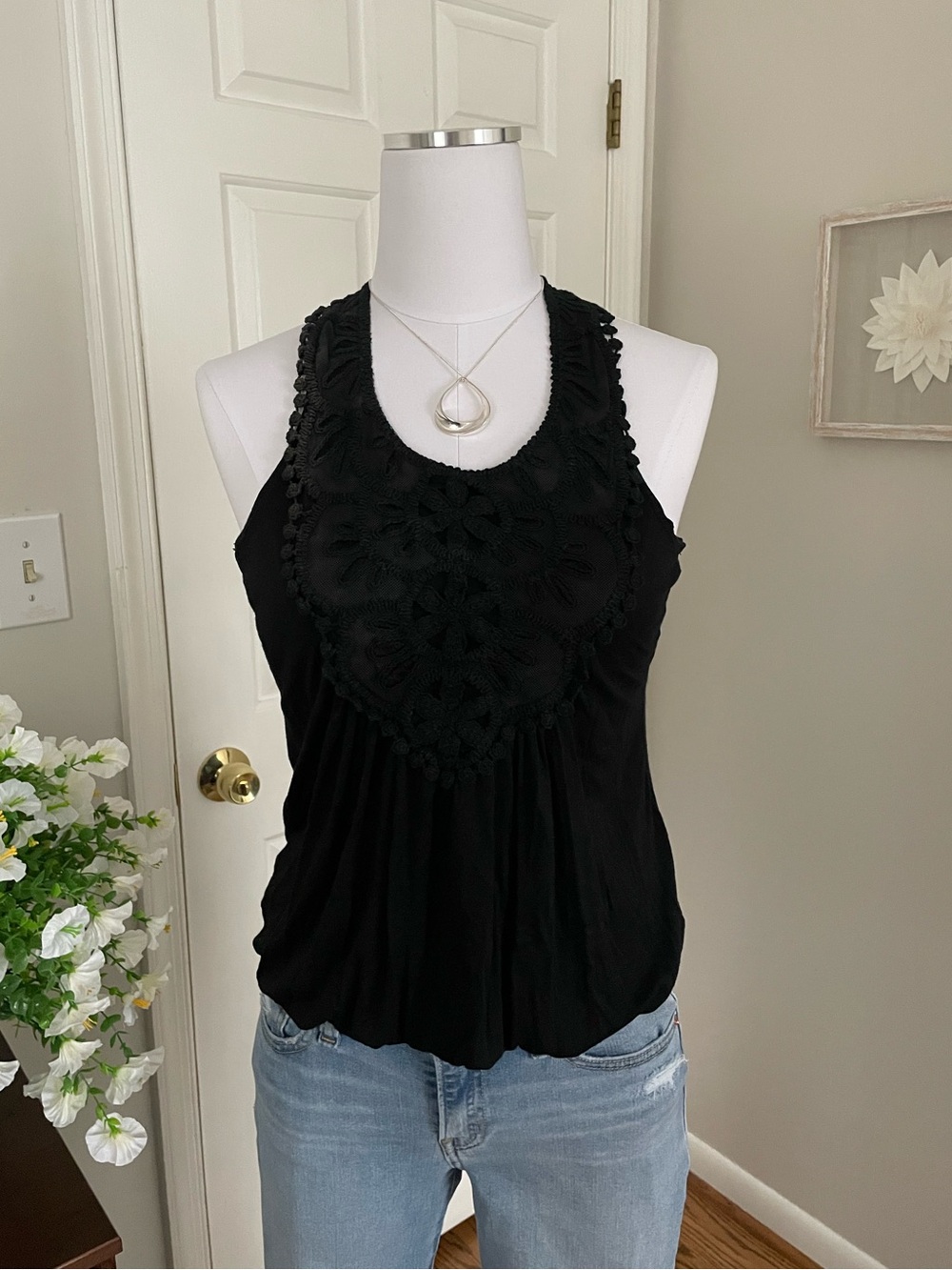 Mon Ami Black Crochet-Trim Racerback Tank Top
